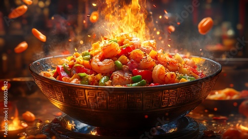 Wallpaper Mural Spicy shrimp stir-fry in a wok, flames rising Torontodigital.ca