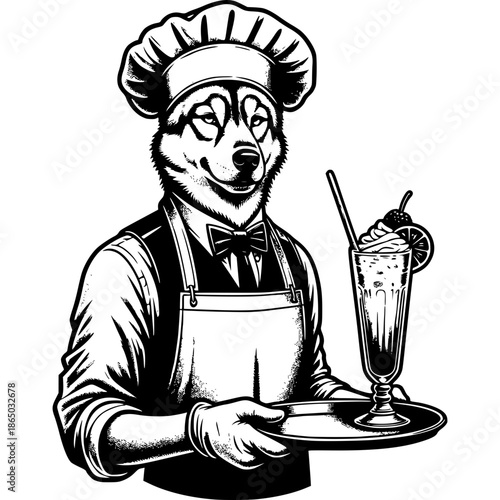Culinary Canine Creation: An adorable husky chef, donning a traditional hat and apron, presents a refreshing milkshake. The illustration captures a unique blend of animal charm and culinary expertise.