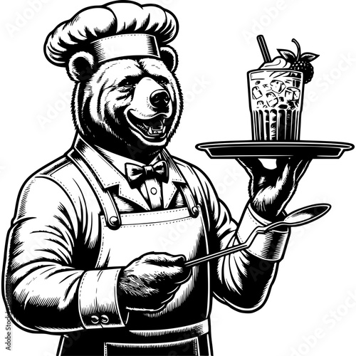Bear Chef's Iced Delight: A cheerful bear, clad in a chef's attire, presents an elegantly served iced beverage, reflecting a blend of artistry and hospitality.