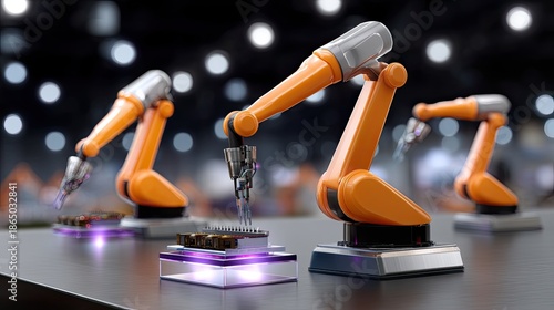 Wallpaper Mural Advanced robotics in a modern factory setting showcasing robotic arms assembling electronic components with precision and efficiency under bright lights Torontodigital.ca