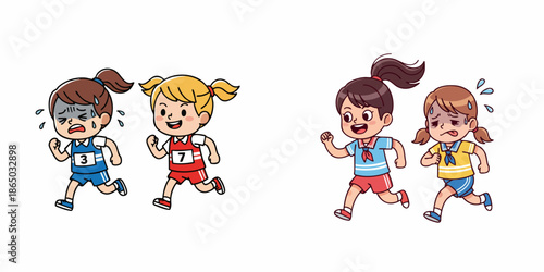Cartoon Girl Runners Race Illustration with Facial Expressions of Competition