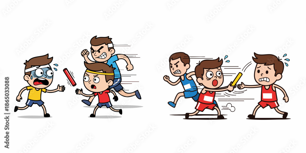 Naklejka premium Cartoon Handdrawn Relay Race Team Passing Stick Athlete Sport Illustration