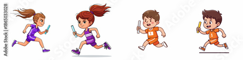 Cartoon Style Four Running Children with Baton Relay Race Illustration