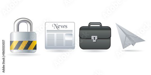 Security, News, and Business Icons: Padlock With Caution Tape, Newspaper, Briefcase, and Paper Plane Placeholder set