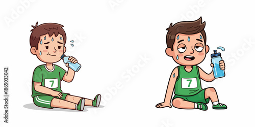 Cartoon Exhausted Boy Athlete Drinking Water after Exercise Illustration