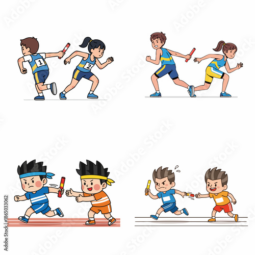 Cartoon Colorful Athlete Relay Race Competition with Baton Illustration Set