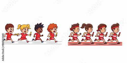Cartoon Style Child Relay Race Athlete Team Competition Illustration