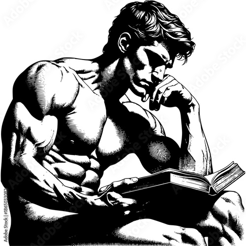 Man Contemplating in Thought: A strong individual engrossed in deep contemplation as he reads a book, his physique hinting at strength and focus. This image is rendered in stark contrast.