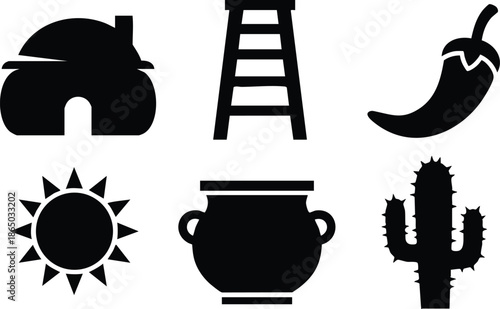 Flat design desert icon set showing six bold silhouette symbols including hut ladder chili pepper sun cooking pot cactus arranged in simple grid vector minimal