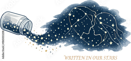 Stellar rain pours out of a bottle, forming a celestial map with starry lights against a dark background