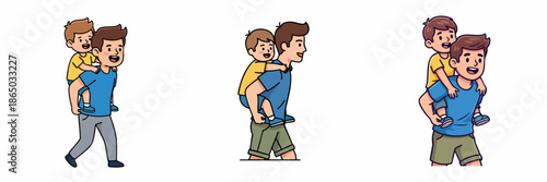 Cartoon Style Illustration of Father Giving Piggyback Ride to Son