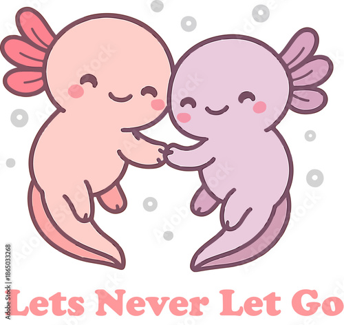 Two cartoon axolotls holding hands in a friendly gesture surrounded by bubbles