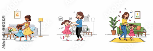 Cartoon Illustration Set of Mother and Daughter Dancing at Home Scenes
