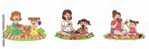 Handdrawn Cartoon Mother and Daughter Enjoying Summer Picnic Illustration Asset