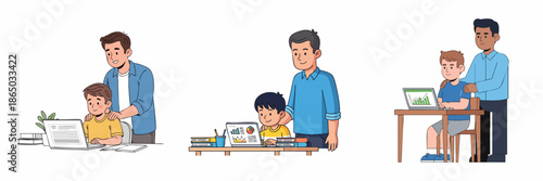 Cartoon Style Father And Son Studying Together Illustration
