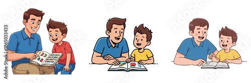 Cheerful Handdrawn Dad Reading Story Book with Son Illustration