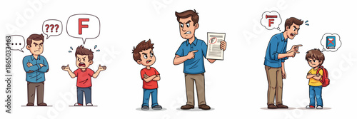 Cartoon Illustration Set of Father Scolding Son about Bad Grade Result