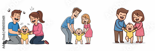 Happy Cartoon Family Supporting Baby First Steps Illustration Set