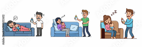 Cartoon Exhausted Parents with Baby and Milk Bottle Illustration Set