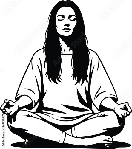 Line art close up meditating woman sitting lotus pose with closed eyes long hair loose shirt low angle calm studio lighting serene minimal monochrome vector illustration