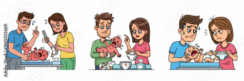 Cartoon Illustration of Stressed New Parents Changing Crying Baby Diaper Set