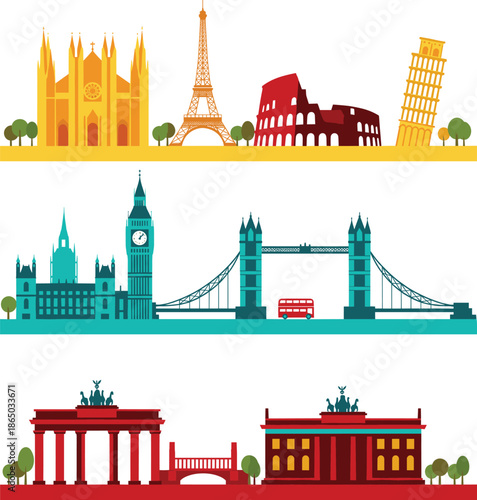 Famous European landmarks illustration set featuring iconic city skylines monuments bridges and historic architecture from popular travel destinations
