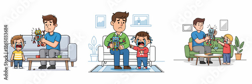 Cute Handdrawn Sequence of Father Repairing Broken Robot Toy for Child