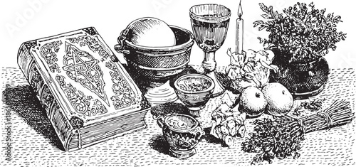 Vintage book with candle, bowl, and herbs. Detailed vector illustration set on a table, showcasing kitchen and cultural items in a realistic style.