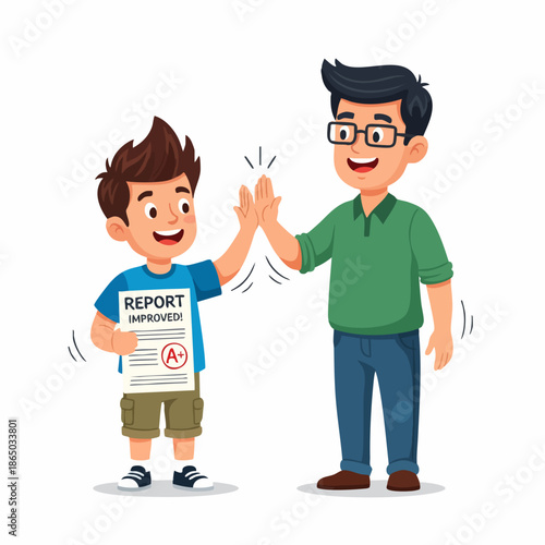 Cartoon Cheerful Boy Receiving Good Grade from Teacher Illustration