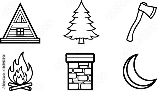 Line art minimalist grid of six camping icons showing a cabin tree axe campfire chimney and crescent moon in simple black stroke flat outline vector asset