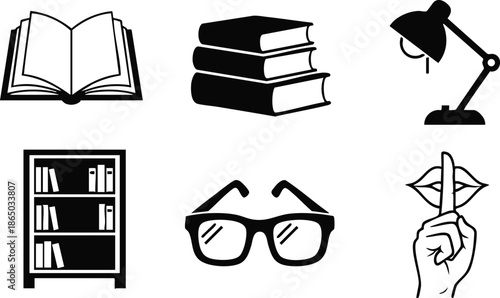 Flat design library icon set showing open book stack of three books desk lamp bookshelf reading glasses and shushing finger simple black vector minimal clean silhouette