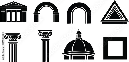 Flat design set of classical architecture icons close up temple arch columns dome triangle square minimalist black silhouettes on white background frontal view ionic corinthian vector