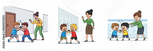 Cartoon Teacher Intervenes Fighting Student Illustration Various Location School Scene