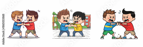 Cartoon Illustration of Angry Boys Fighting at School and Playground