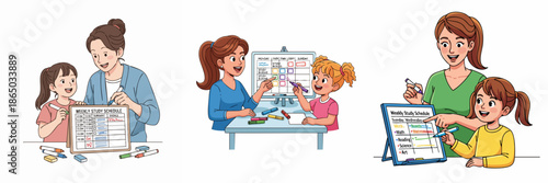 Cartoon Style Mother and Daughter Learning Chart Education at Home Illustration