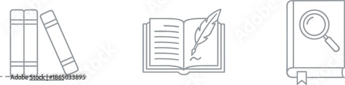 Literature and research icon set featuring book stacks open notebook with quill pen and magnifying glass for study search.
