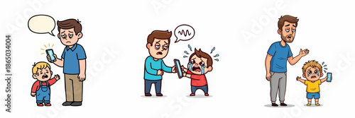 Cartoon Style Daddy and Son Digital Device Dependence Problem Illustration
