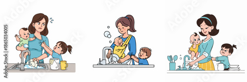 Cartoon Style Illustration of Busy Mother Washing Dishes With Her Children