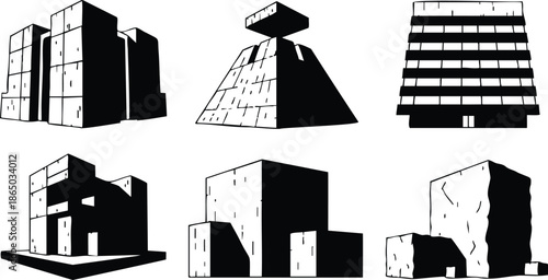 Brutalism style six concrete building silhouettes in varied perspectives front and low angle views high contrast black and white vector art urban architecture study minimalist graphic
