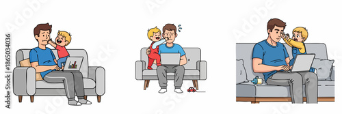 Flat Illustration of Busy Father Working From Home with Child