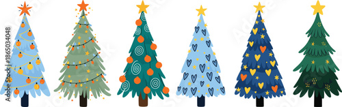 Colorful Christmas tree illustration set featuring festive decorated pine trees with stars ornaments and holiday winter design style