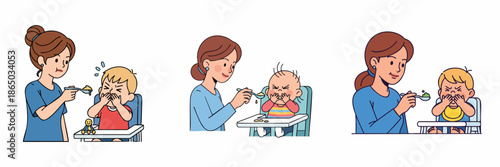 Cartoon Sequence of Mother Feeding Unhappy Baby with Spoon Illustration