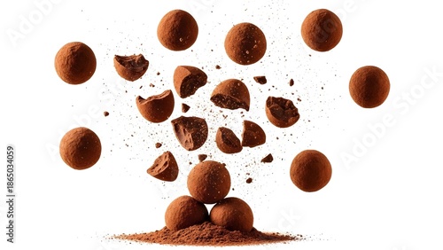 Delicious chocolate truffles with cocoa powder dusting captured mid-air during a dynamic explosion showcasing the rich, dark interior of the shattered confectionery treats against a stark white backgr