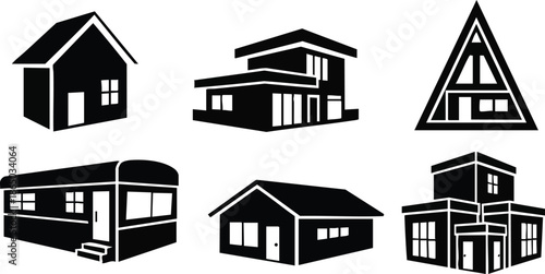 Minimalist flat design collection of six black house icons showing bungalow modern trailer a frame cottage and two story building isolated on white background front angles