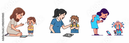 Cartoon Style Illustration of Mother Scolding Crying Child for Tablet Abuse Icon