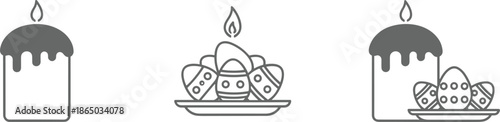 Easter line icon set featuring traditional paska cake with candle and decorated eggs on plate for religious holiday celebration.