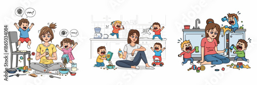 Cartoon Illustration Of A Stressed Mother With Hyperactive Children In Messy Scenarios