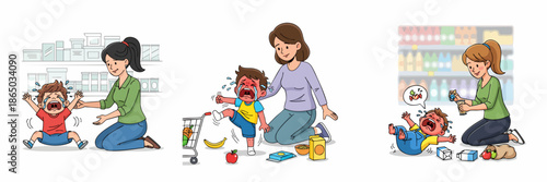 Cartoon Style Set of Illustrations Showing Tantrums in a Supermarket