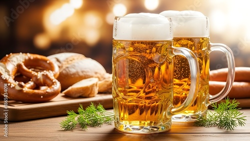 Two frosty glass steins overflowing with golden amber beer topped with thick white foam sit ready for consumption alongside a traditional salted pretzel and fresh bread rolls in a warm pub setting