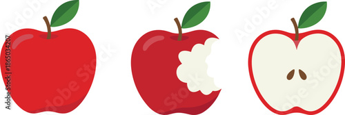 Three red apples with one whole, one bitten, and one halved showing the core and seeds green leaf